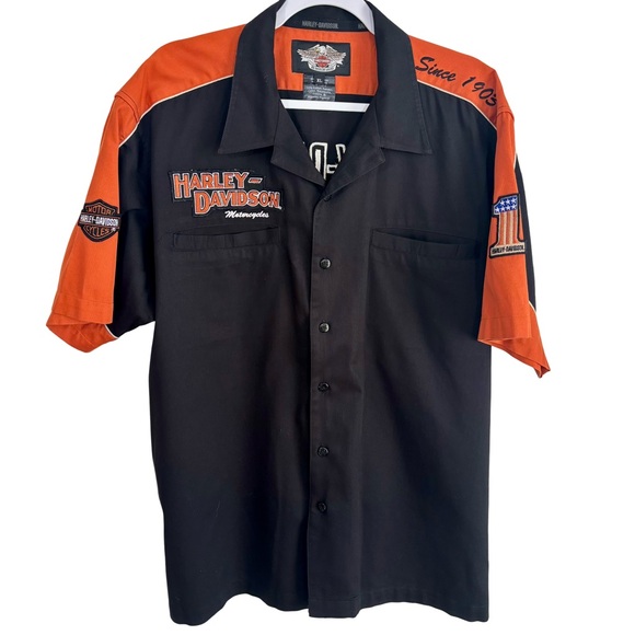 Harley-Davidson Other - VTG HARLEY DAVIDSON Orange Black Mechanic Biker Shop Garage Sz XL Button Shirt